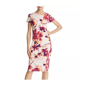 Donna Karan New York Watercolor White Floral Sheath Dress Size 10 Short Sleeve